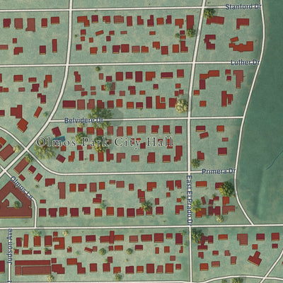 Close-up of the map of Olmos Park, Texas print showing street and building detail