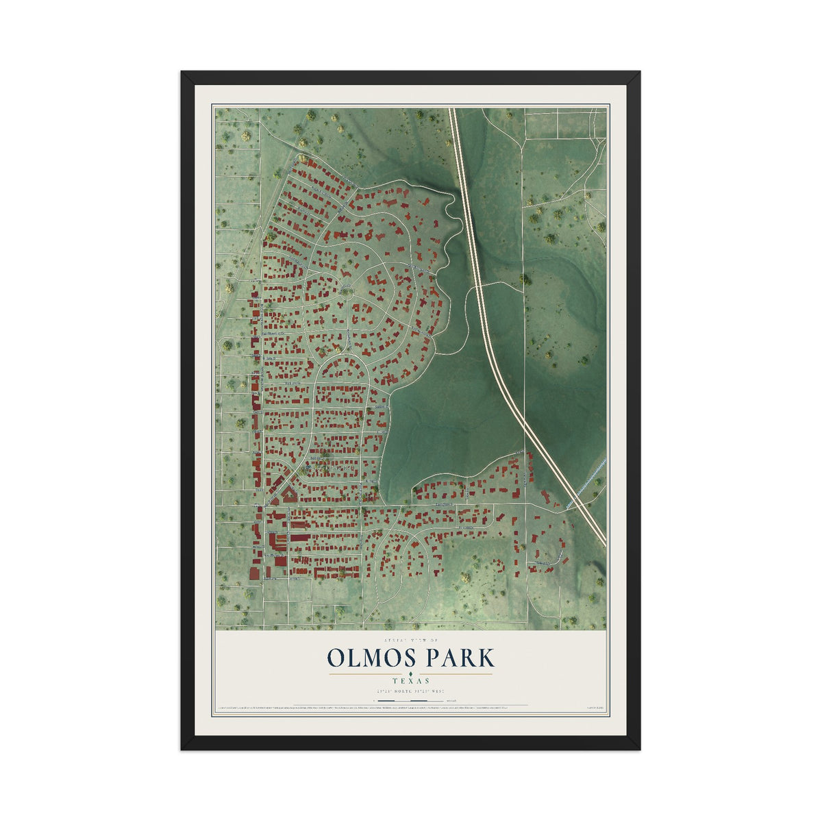 Map of Olmos Park, Texas, 12 x 18 inch print in a black wood frame