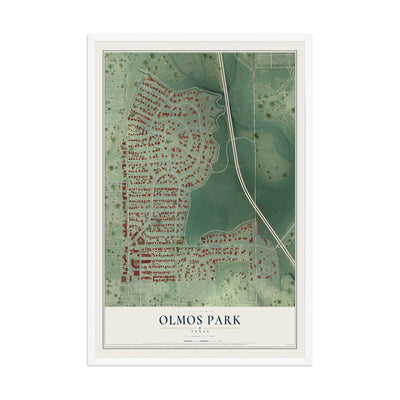 Map of Olmos Park, Texas, 12 x 18 inch print in a white wood frame