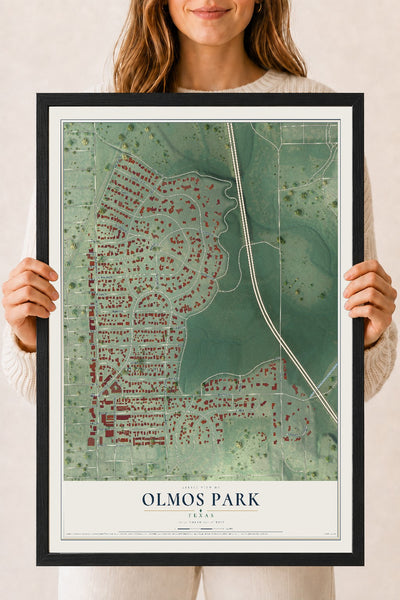 Map of Olmos Park, Texas, 18 x 24 inch print in a black wood frame
