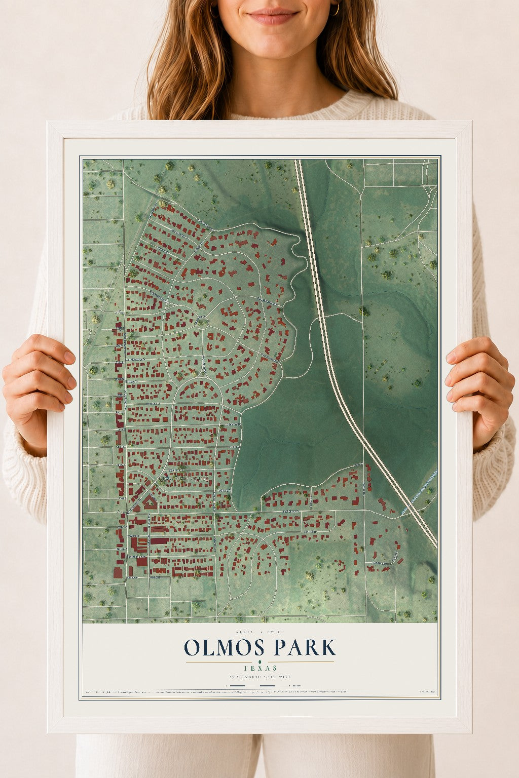 Map of Olmos Park, Texas, 18 x 24 inch print in a white wood frame