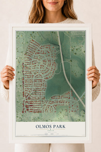 Map of Olmos Park, Texas, 18 x 24 inch print in a white wood frame