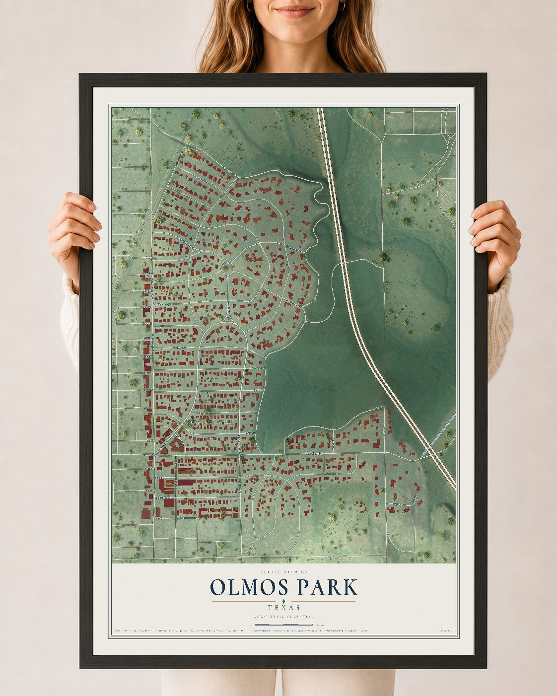 Map of Olmos Park, Texas, 24 x 36 inch print in a black wood frame