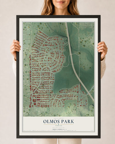 Map of Olmos Park, Texas, 24 x 36 inch print in a black wood frame