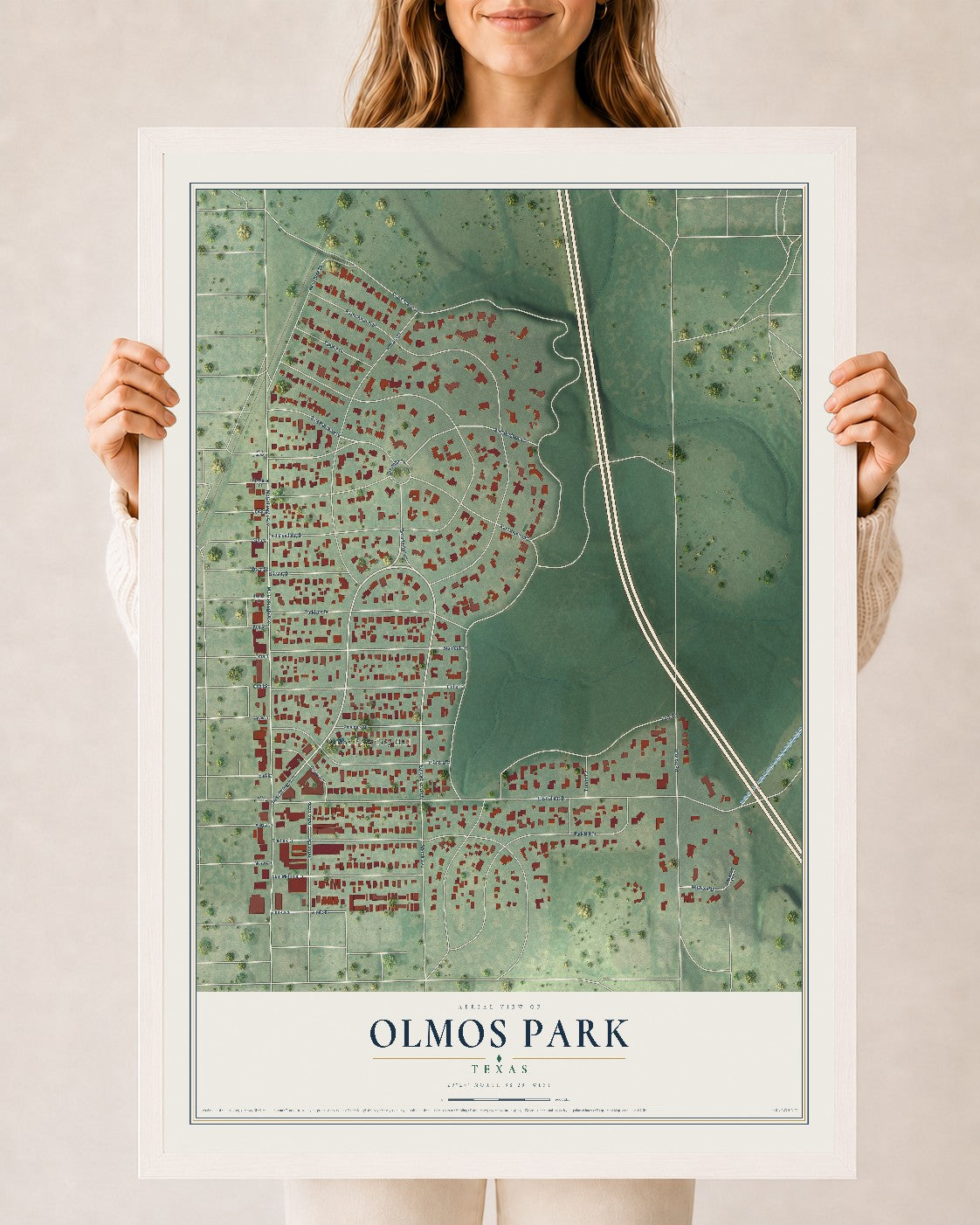 Map of Olmos Park, Texas, 24 x 36 inch print in a white wood frame