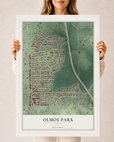 Map of Olmos Park, Texas, 24 x 36 inch print in a white wood frame