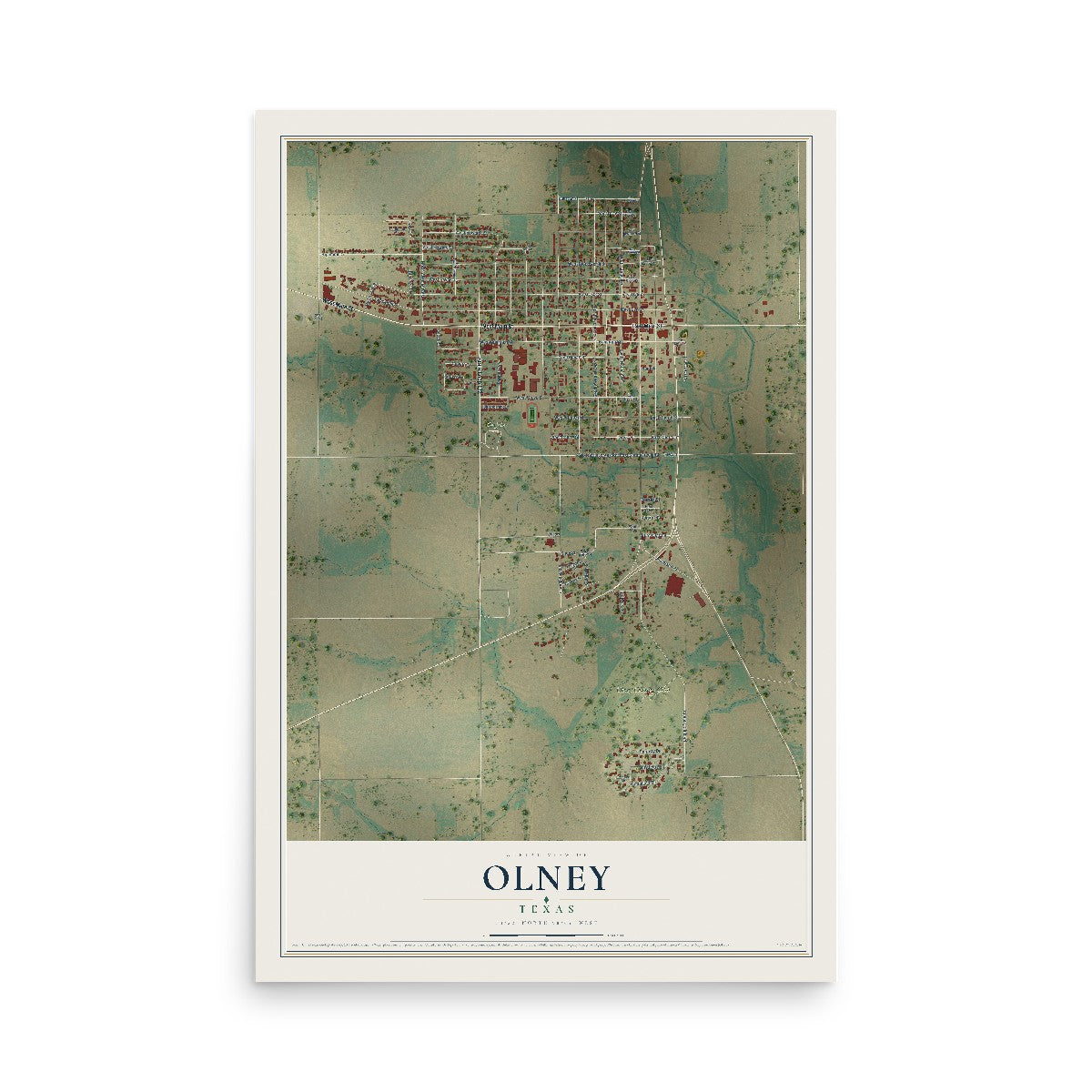 Map of Olney, Texas, 12 x 18 inch unframed archival matte print