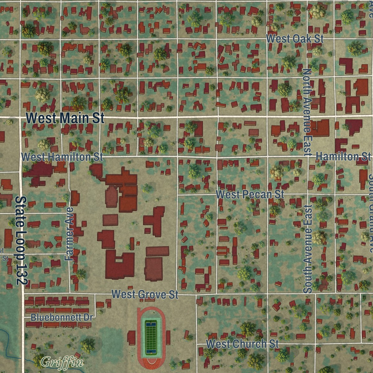 Close-up of the map of Olney, Texas print showing street and building detail
