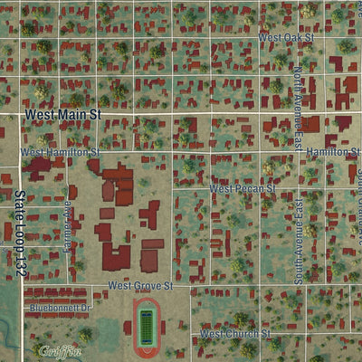 Close-up of the map of Olney, Texas print showing street and building detail