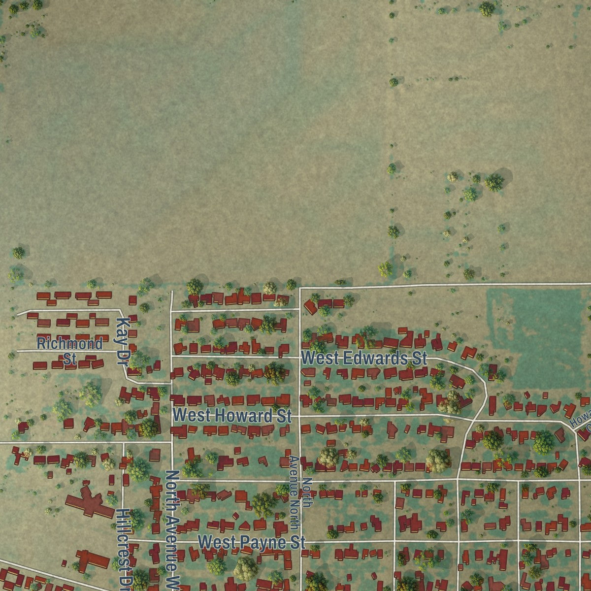 Second close-up of the map of Olney, Texas print showing more streets and buildings