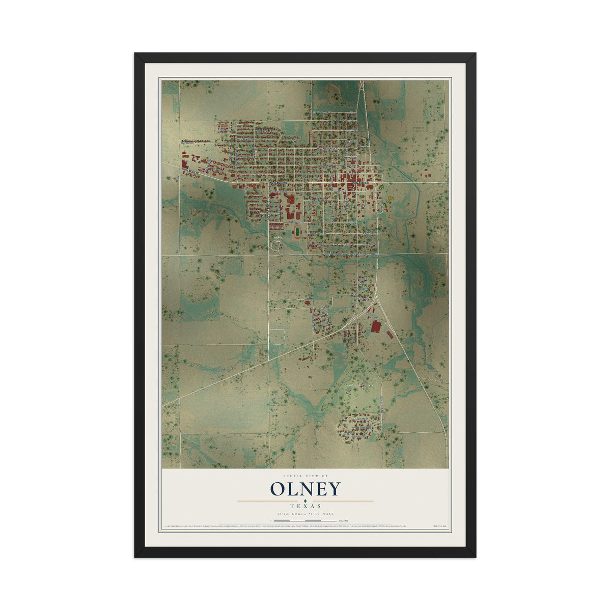 Map of Olney, Texas, 12 x 18 inch print in a black wood frame