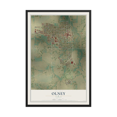 Map of Olney, Texas, 12 x 18 inch print in a black wood frame