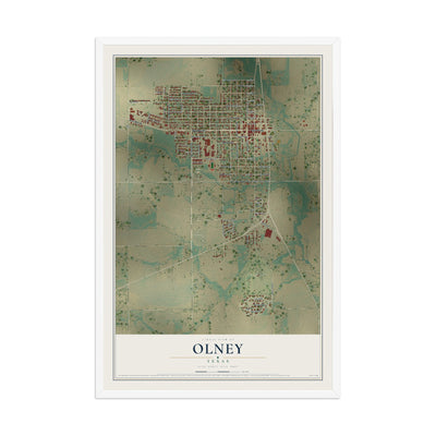 Map of Olney, Texas, 12 x 18 inch print in a white wood frame