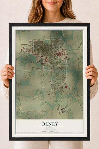 Map of Olney, Texas, 18 x 24 inch print in a black wood frame