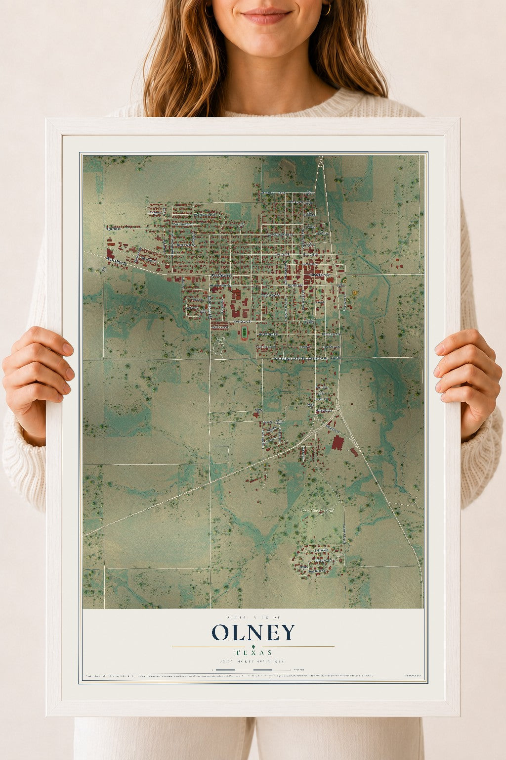 Map of Olney, Texas, 18 x 24 inch print in a white wood frame