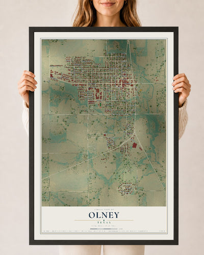 Map of Olney, Texas, 24 x 36 inch print in a black wood frame