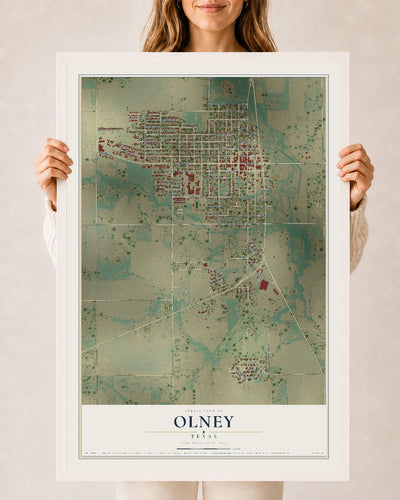 Map of Olney, Texas, 24 x 36 inch print in a white wood frame
