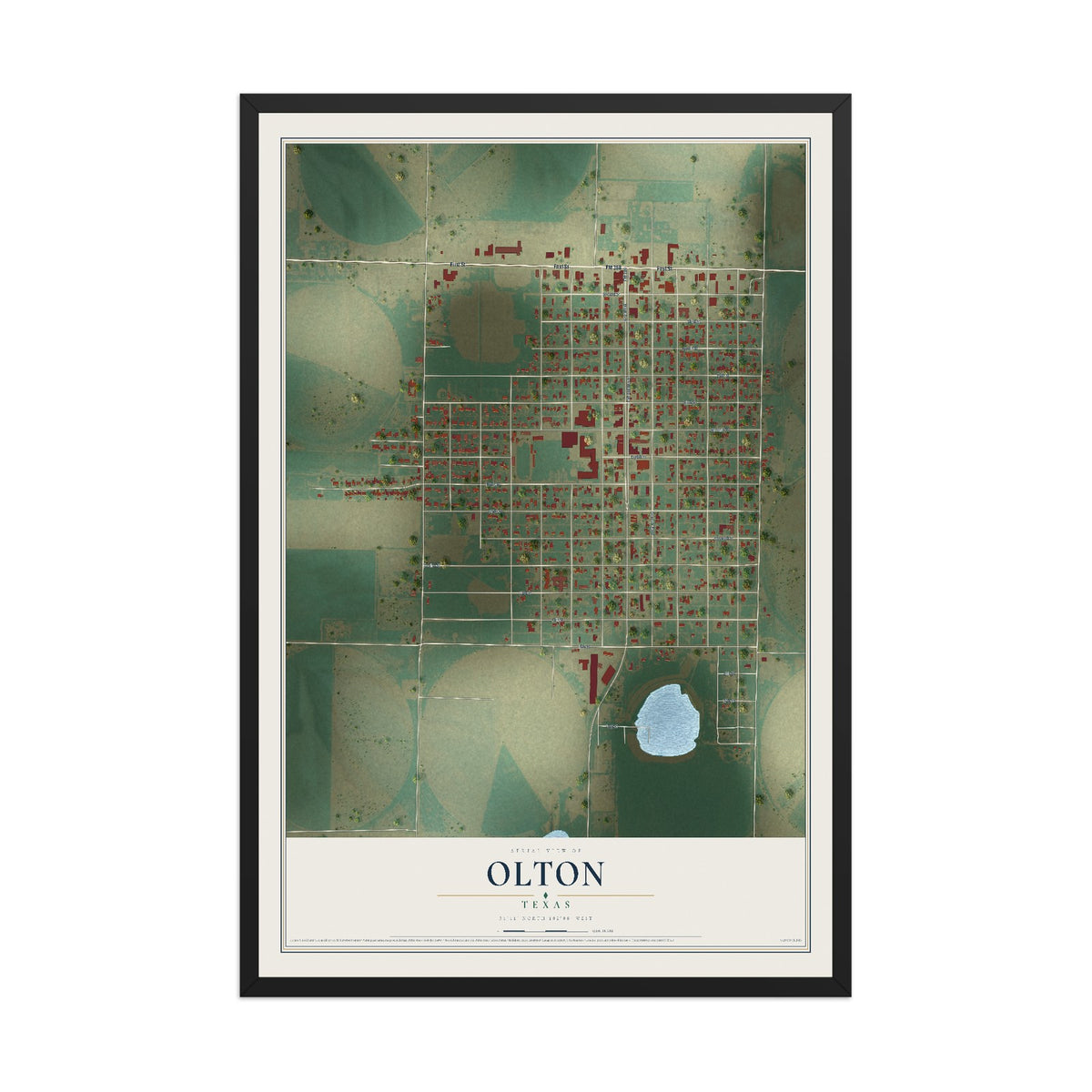 Map of Olton, Texas, 12 x 18 inch print in a black wood frame