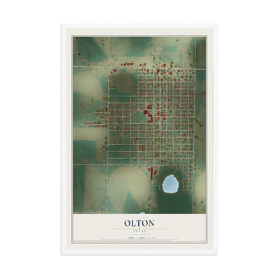 Map of Olton, Texas, 12 x 18 inch print in a white wood frame