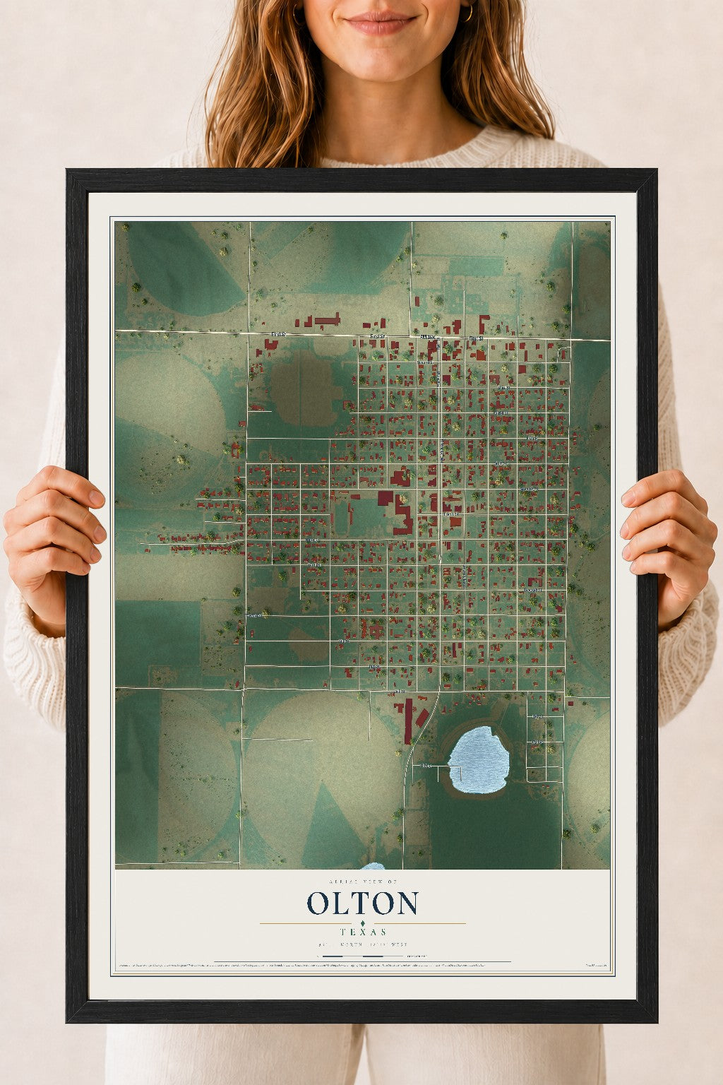 Map of Olton, Texas, 18 x 24 inch print in a black wood frame