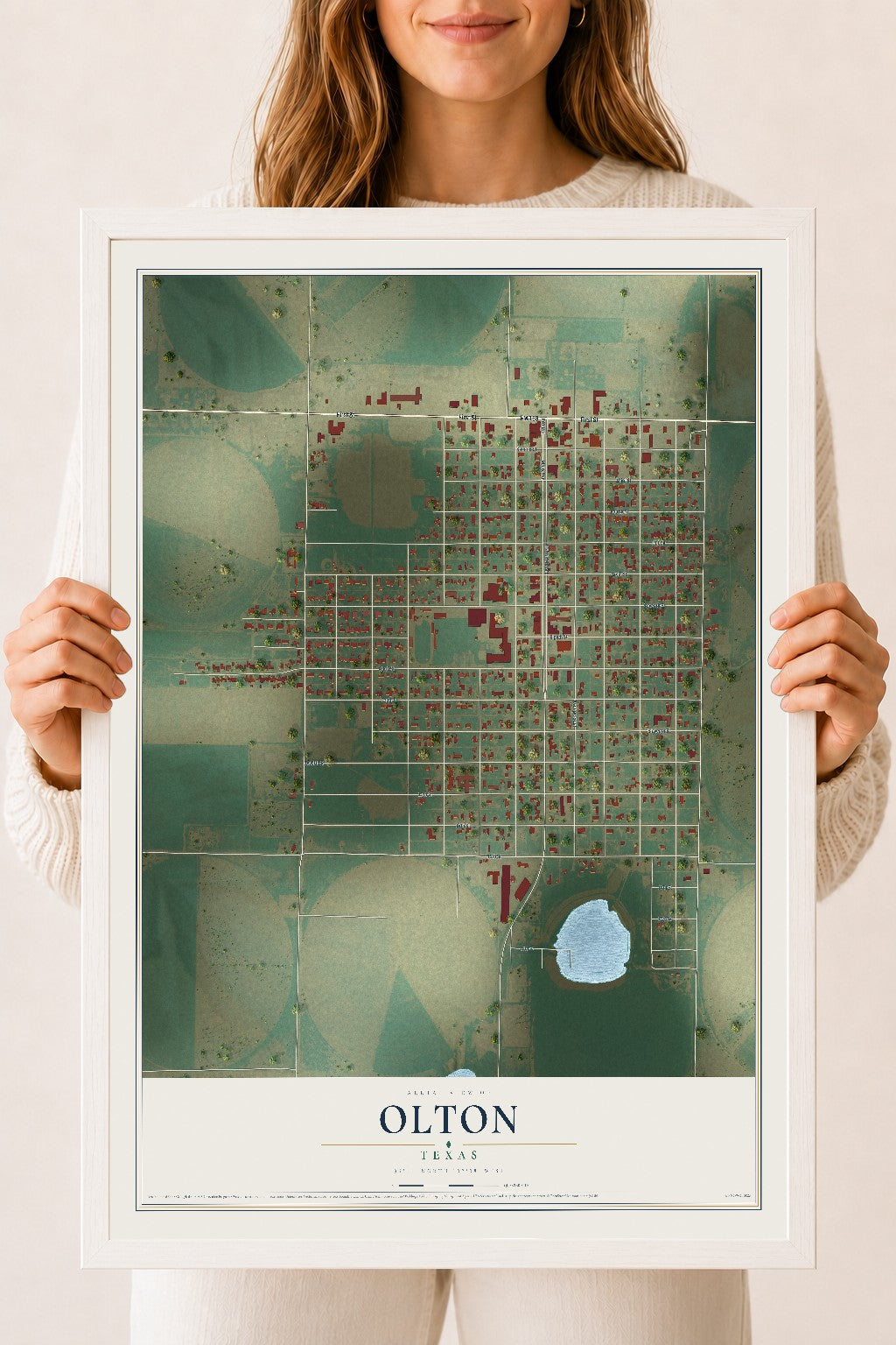 Map of Olton, Texas, 18 x 24 inch print in a white wood frame