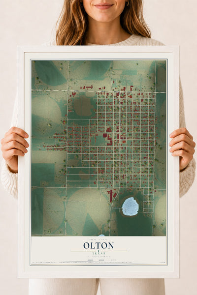 Map of Olton, Texas, 18 x 24 inch print in a white wood frame