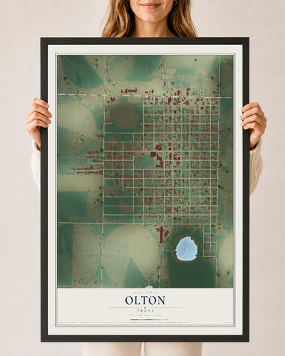 Map of Olton, Texas, 24 x 36 inch print in a black wood frame