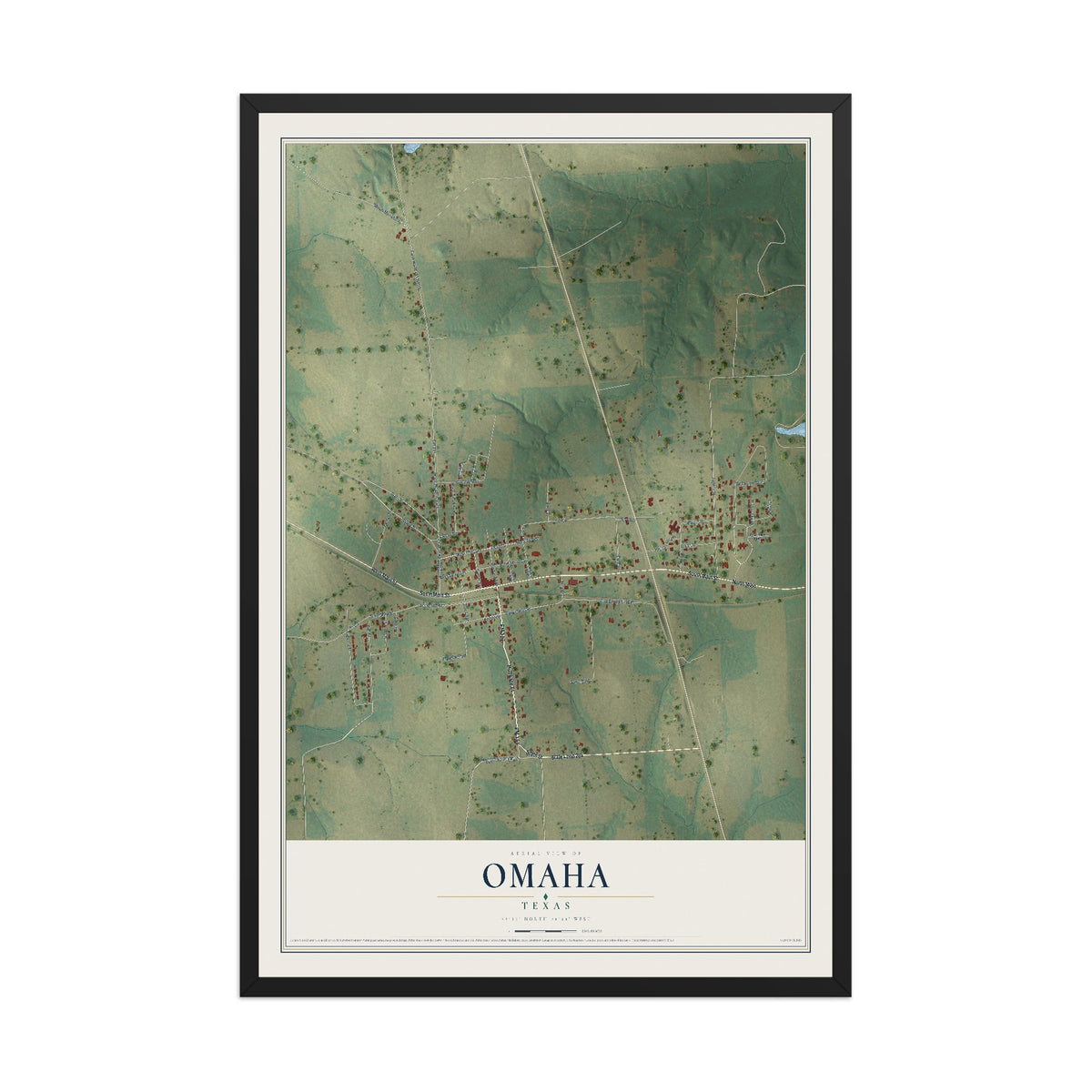 Map of Omaha, Texas, 12 x 18 inch print in a black wood frame
