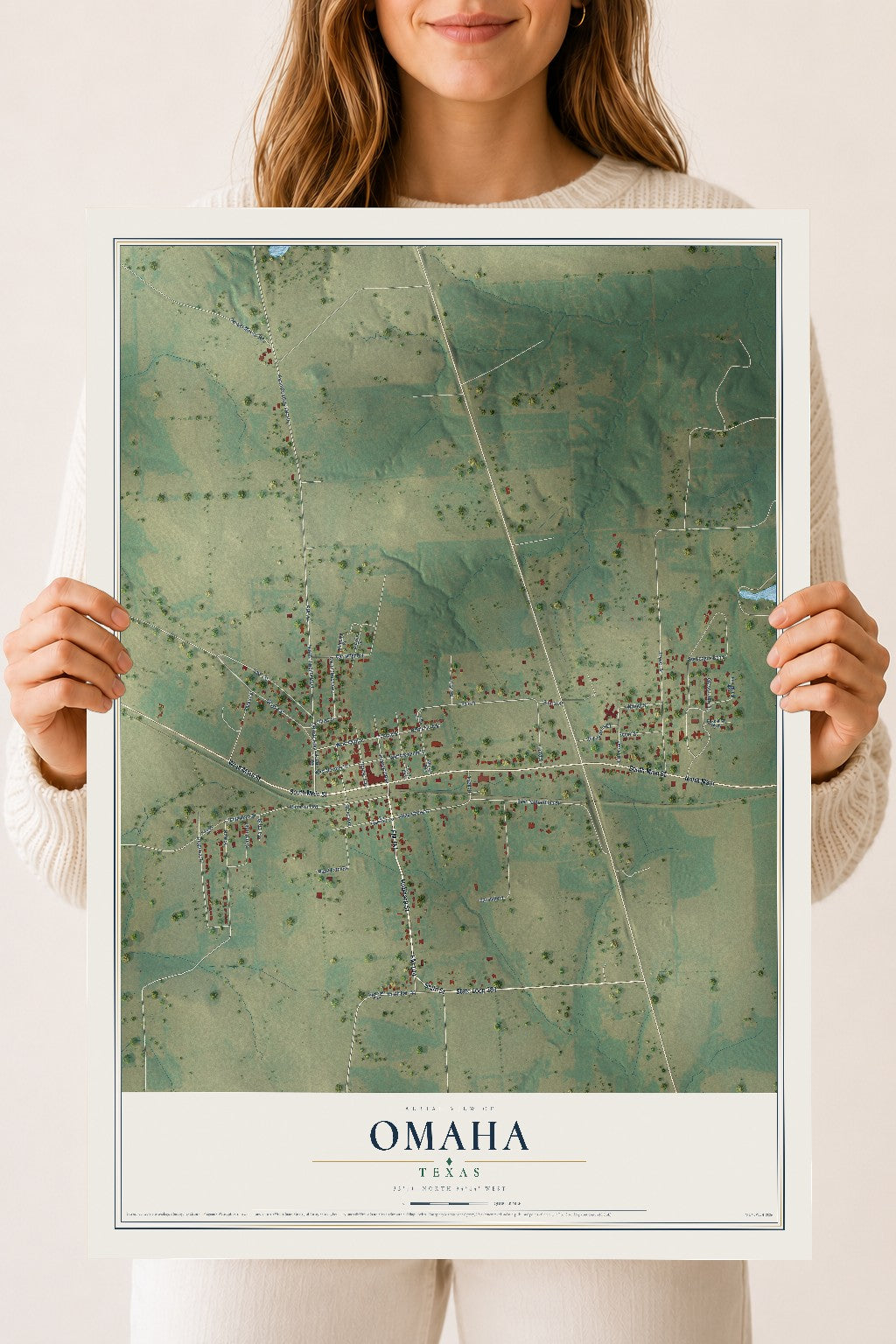 Map of Omaha, Texas, 18 x 24 inch unframed archival matte print