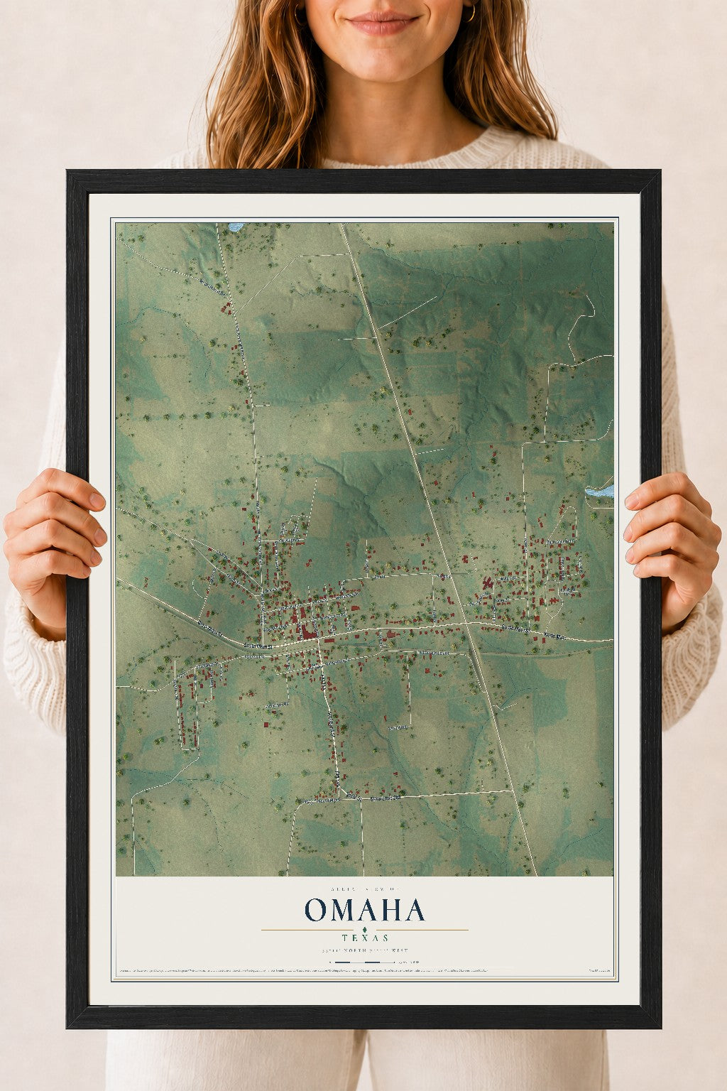 Map of Omaha, Texas, 18 x 24 inch print in a black wood frame
