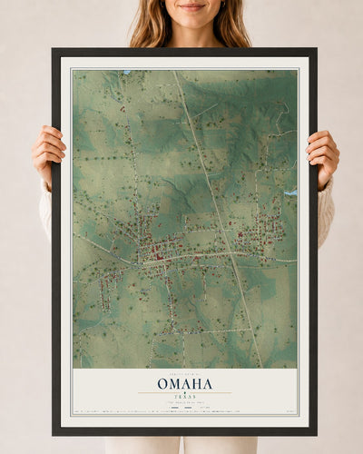 Map of Omaha, Texas, 24 x 36 inch print in a black wood frame