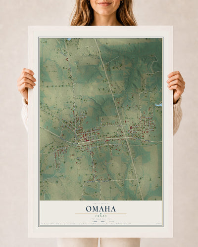 Map of Omaha, Texas, 24 x 36 inch print in a white wood frame