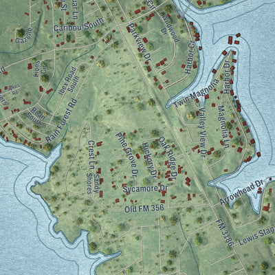 Close-up of the map of Onalaska, Texas print showing street and building detail