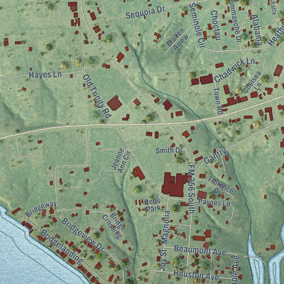 Second close-up of the map of Onalaska, Texas print showing more streets and buildings