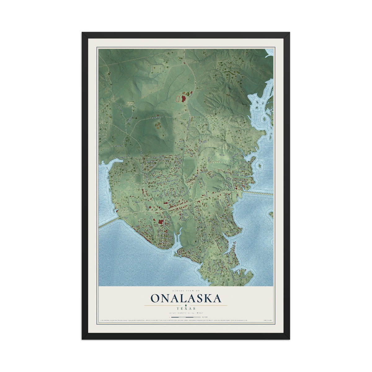 Map of Onalaska, Texas, 12 x 18 inch print in a black wood frame