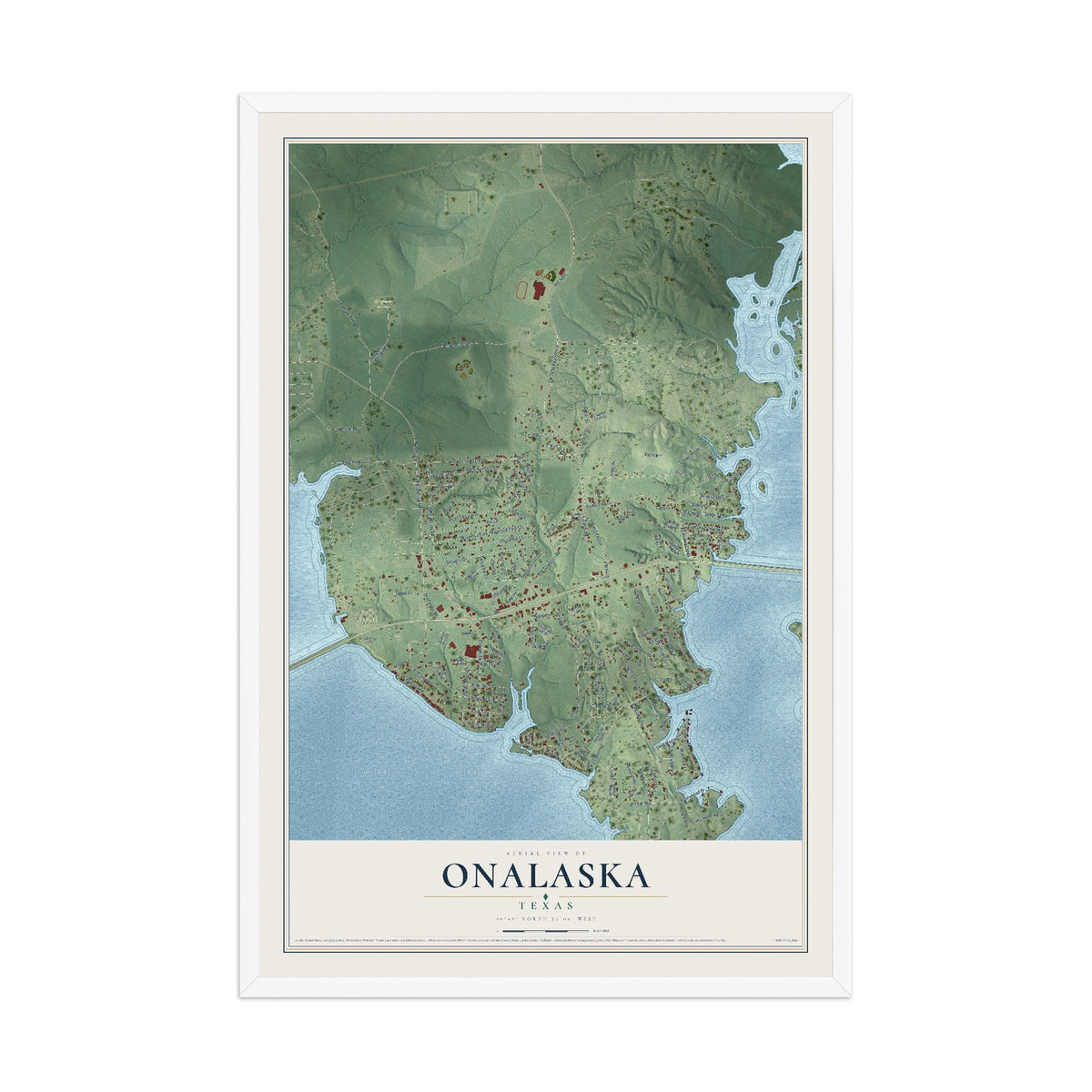 Map of Onalaska, Texas, 12 x 18 inch print in a white wood frame