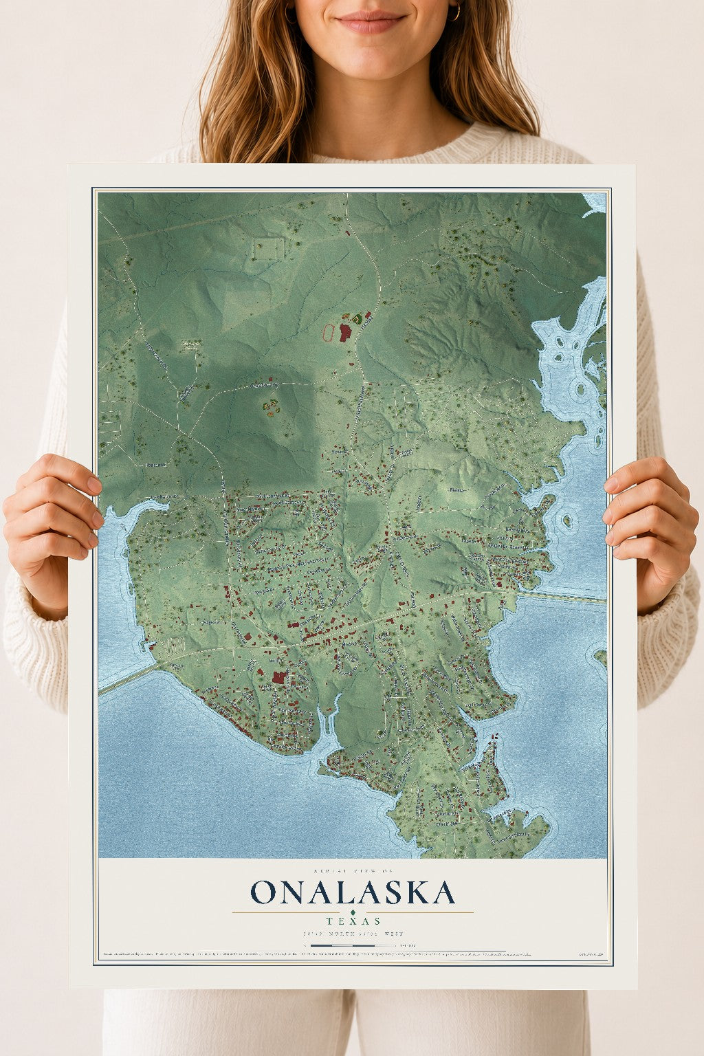 Map of Onalaska, Texas, 18 x 24 inch unframed archival matte print