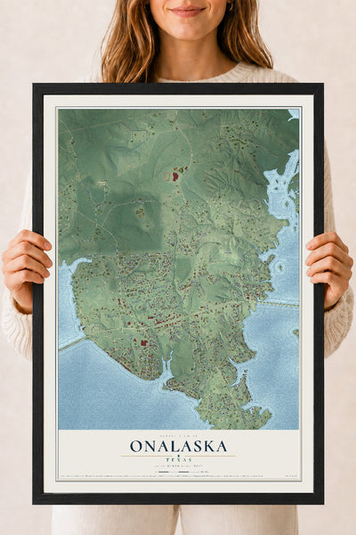 Map of Onalaska, Texas, 18 x 24 inch print in a black wood frame