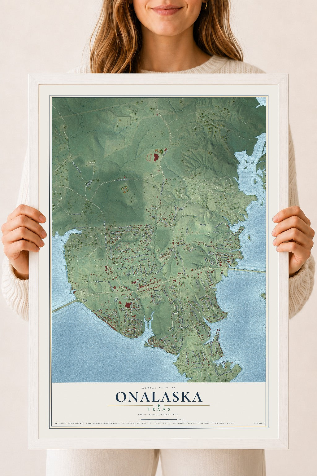 Map of Onalaska, Texas, 18 x 24 inch print in a white wood frame