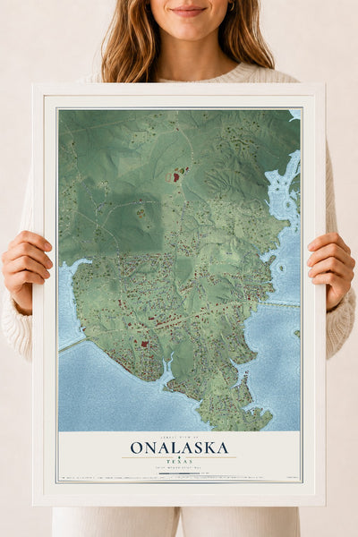 Map of Onalaska, Texas, 18 x 24 inch print in a white wood frame