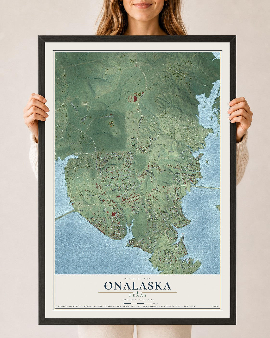 Map of Onalaska, Texas, 24 x 36 inch print in a black wood frame