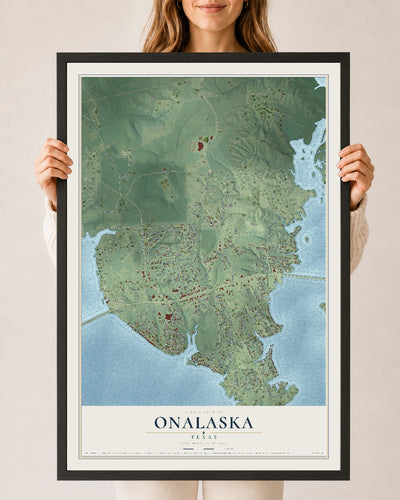 Map of Onalaska, Texas, 24 x 36 inch print in a black wood frame