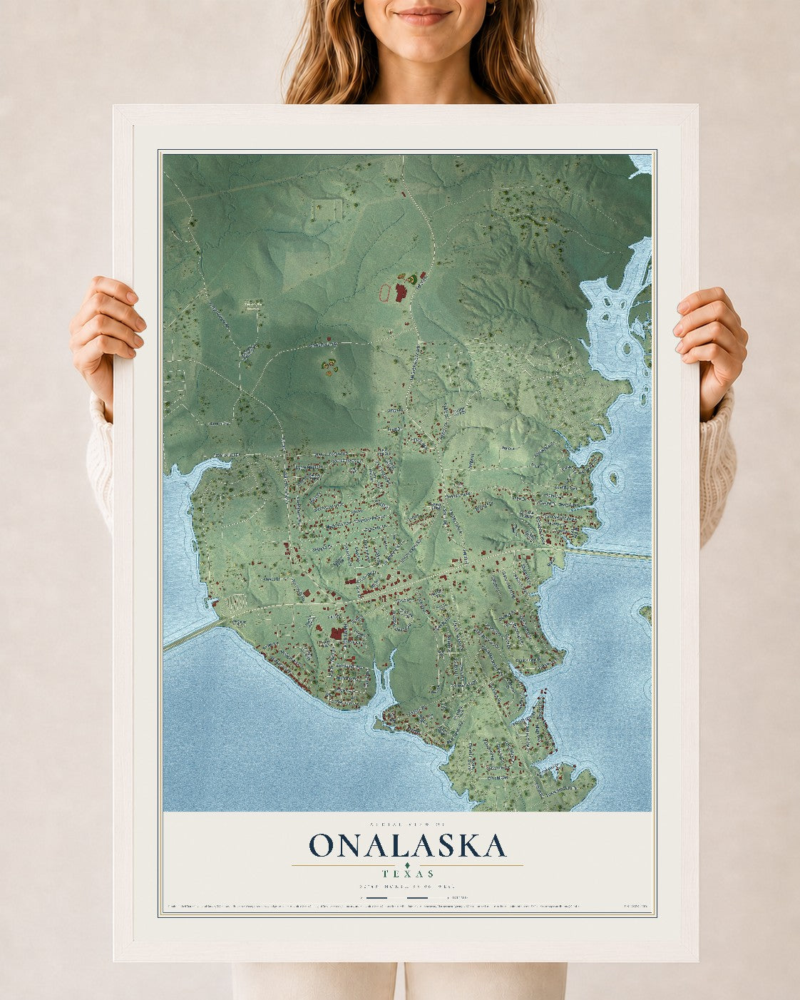 Map of Onalaska, Texas, 24 x 36 inch print in a white wood frame