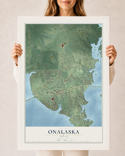 Map of Onalaska, Texas, 24 x 36 inch print in a white wood frame