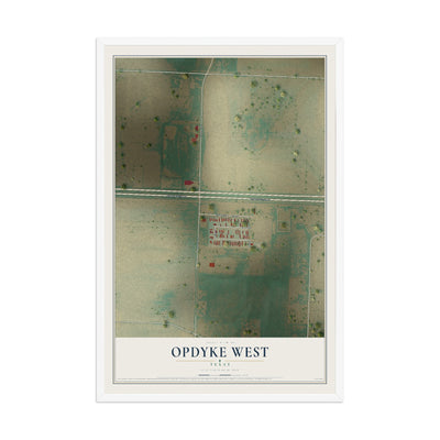 Map of Opdyke West, Texas, 12 x 18 inch print in a white wood frame