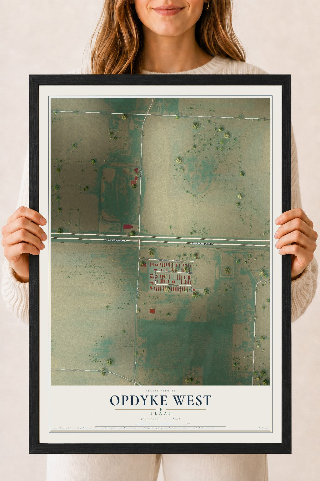 Map of Opdyke West, Texas, 18 x 24 inch print in a black wood frame