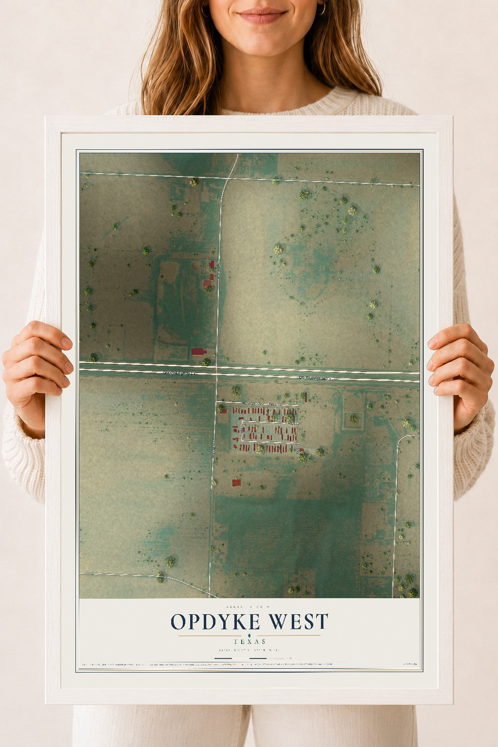 Map of Opdyke West, Texas, 18 x 24 inch print in a white wood frame
