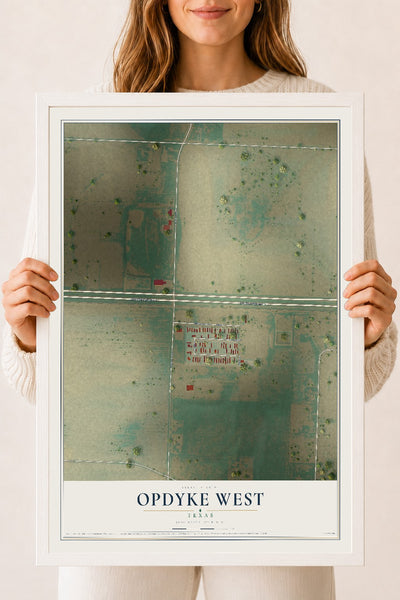 Map of Opdyke West, Texas, 18 x 24 inch print in a white wood frame