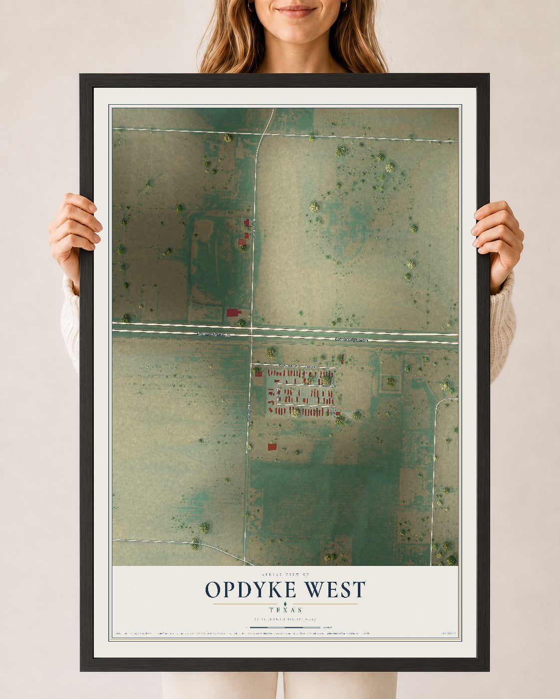 Map of Opdyke West, Texas, 24 x 36 inch print in a black wood frame