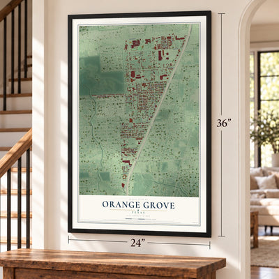 Orange Grove, Harris County, Texas map, 24 x 36 inch print in a black frame by a staircase